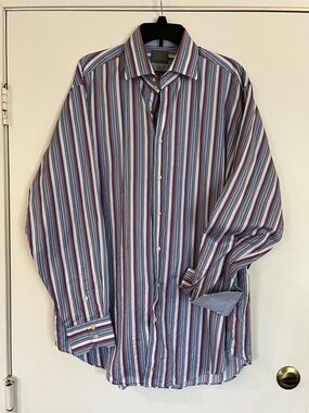 Thomas Dean Men's Long-Sleeve Striped Button-Up Shirt - Blue/Red/White